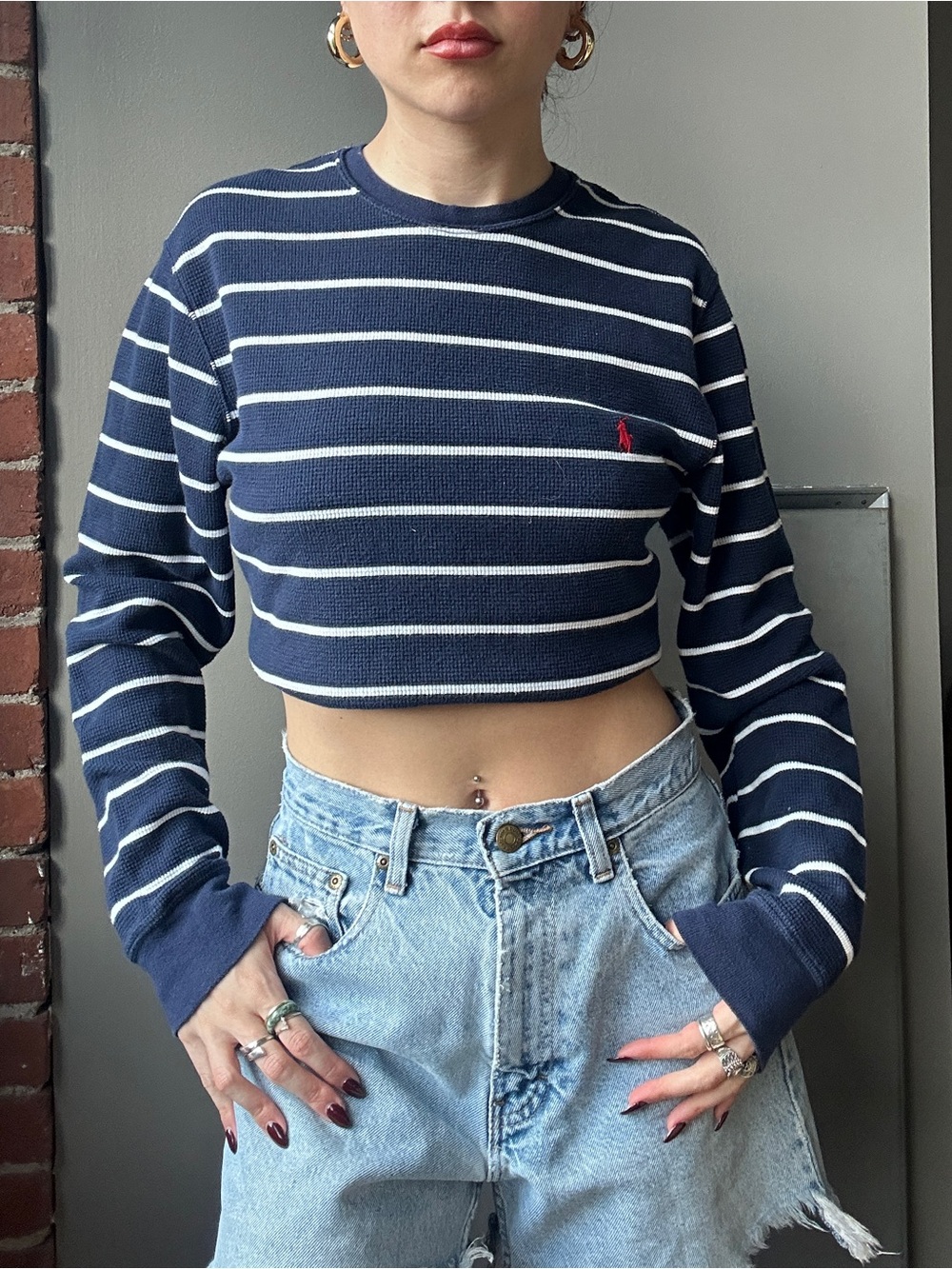 Polo by Ralph Lauren Navy & White Striped Cropped Crewneck with Red Logo